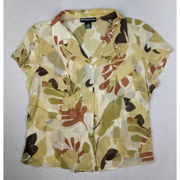 NORTON MCNAUGHTON - WOMEN'S SHEER YELLOW PRINT SHORT SLEEVE BUTTON-UP TOP - 18 - Picture 1 of 7